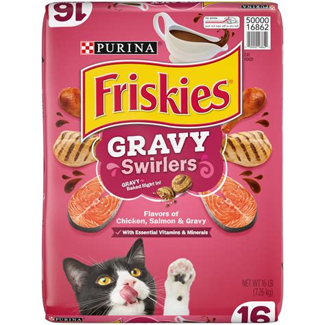 Bring the deliciousness of gravy mixed with two cat-favorite flavors to your cat's dish with Purina Friskies Gravy Swirlers dry cat food. Savory chicken and salmon flavors create the taste cats crave, and there's gravy baked into each bite for added yum. Let the sound of the mouthwatering kibble hitting her bowl pique your cat's attention, and ...