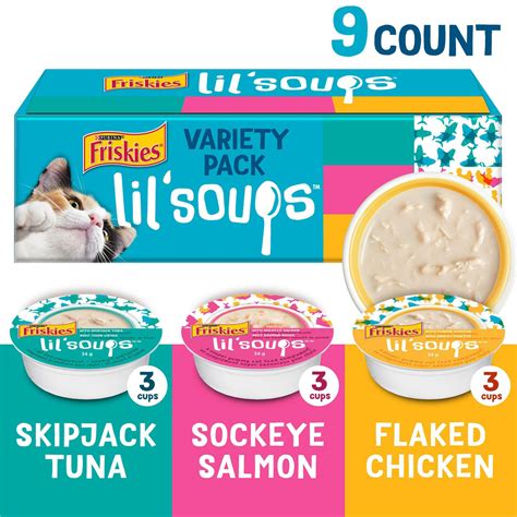 Friskies lil soups. Friskies Lil' Soups are packaged in convenient cups to make it easy for you to share a special moment with your playful feline friend. Feel great knowing that Friskies cat complements are produced by Purina, a trusted leader in the pet food industry for over 90 years. - Lickable cat treat is made with real flaked chicken. Intended as a ... 