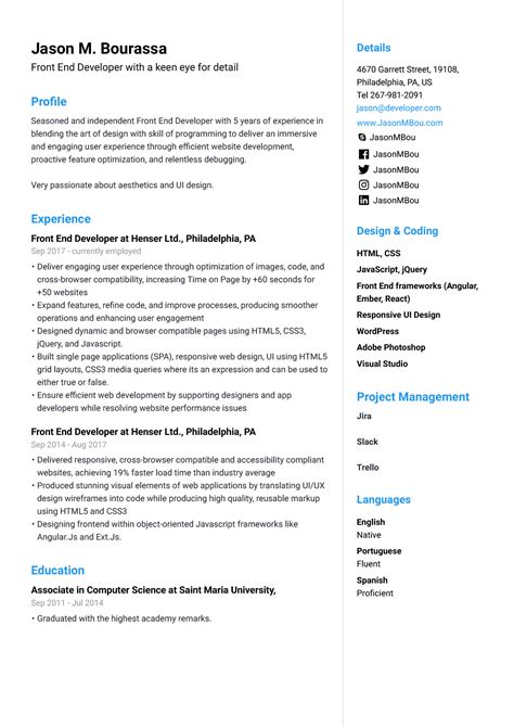 Front end developer resume. Here are some important front-end development skills to know: HTML, CSS, and JavaScript: These three front-end development languages are the foundation of web design and are the basic languages you should know. HTML creates the general structure of a website, while CSS works to add additional formatting and stylistic designs. 
