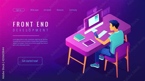Front end development. Isometric interface development landing page