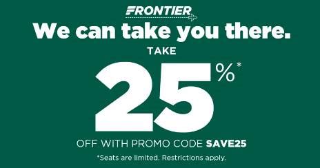 Frontier airlines promo code july 2023. Flights from $19! *Buy by 11/24/23. Fly by 3/6/24. Valid for nonstop travel on Tuesdays & Wednesdays, or daily nonstop travel as indicated below. Select fares shown may require a Discount Den membership. Seats are limited. Restrictions apply. 7 day advance purchase is required. Get the most out of your travel with FRONTIER Miles! 