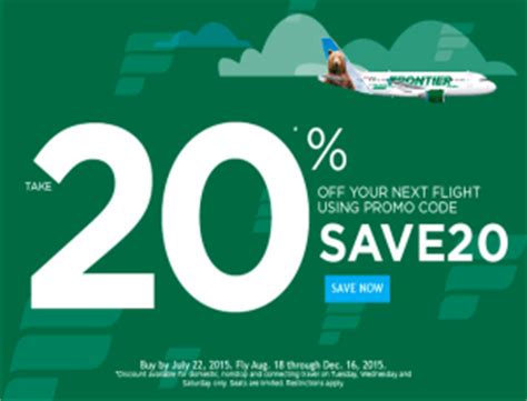 Frontier airlines promo codes. Promo code must be applied directly by customer on flyfrontier.com or requested of a Frontier Airlines call center agent. Use of promo codes by third parties is expressly prohibited. All fare rules will apply. Certain flights and/or days of travel may be unavailable. Discount Den™ fares are only available at FlyFrontier.com to Discount Den ... 