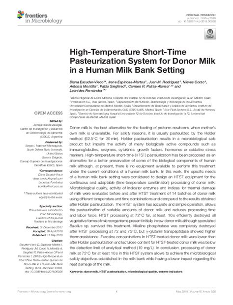 Frontiers HighTemperature ShortTime Pasteurization System for Donor Milk in a Human Milk
