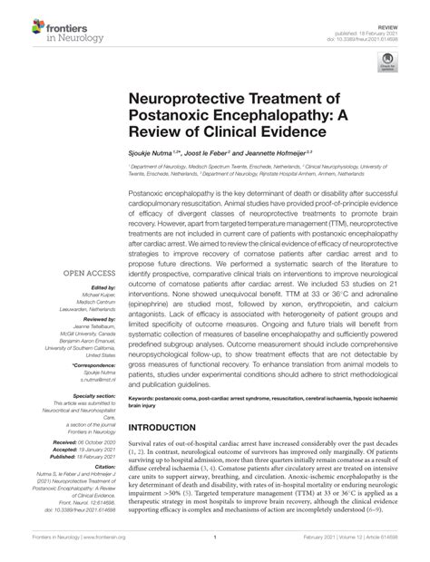 Frontiers Neuroprotective Treatment of Postanoxic Encephalopathy…