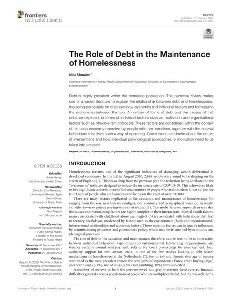 Frontiers The Role of Debt in the Maintenance of Homelessness