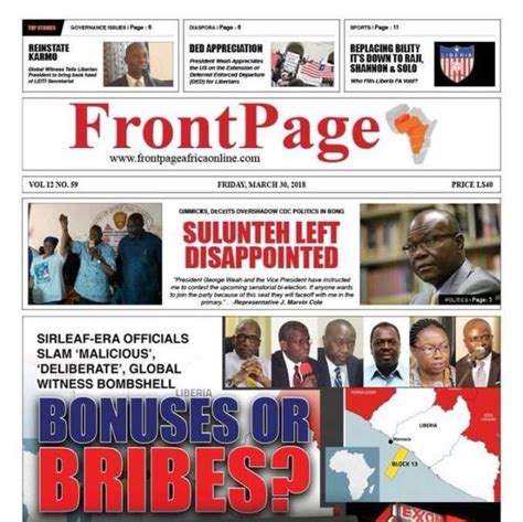 Liberia -- FrontPageAfrica, Monrovia - allAfrica.com. Liberia News Sources. Headlines from FrontPageAfrica, Monrovia. FrontPageAfrica (Monrovia) Website:.... 