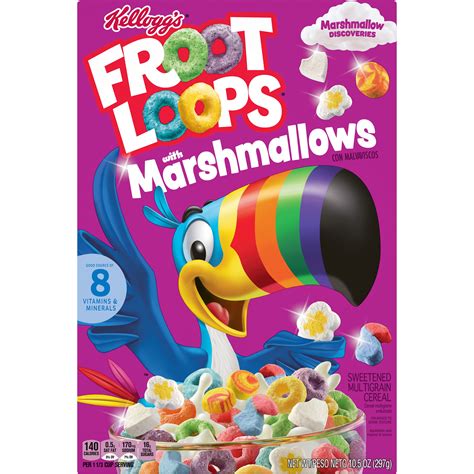 Froot loops marshmallows. Includes one, 9.3oz box of Kellogg's Froot Loops Original with Marshmallows cereal; Packaged for freshness and great taste; Nutritional Information. Nutrition Facts. 7.0 About servings per container. Serving size 1 1/3 Cup (39g) Amount per serving. Calories 140 % Daily value* Total Fat 1g 1%. 
