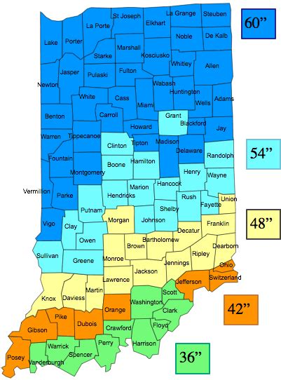 The level at which groundwater in the soil freezes during the winter is known as the frost line in Indiana. In Indiana, the frost line depth varies from 30 to 60 inches, with 30 inches being the southernmost point and 60 inches being the northernmost one. The frost line may also be referred to as the freezing depth or frost depth depending on .... 