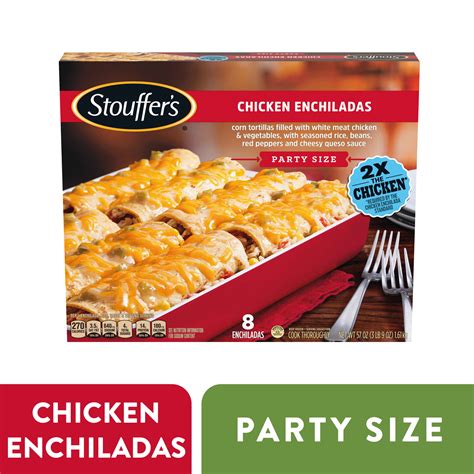 Frozen enchiladas. Stouffer’s Chicken Enchiladas are packed with quality ingredients and your favorite homemade flavor. Frozen enchiladas feature corn tortillas filled with chicken and beans, with a southwestern style rice and cheesy queso. This Cantina Style Favorites Chicken Enchiladas frozen dinner serves about 8 and offers 17 grams of protein per serving. 