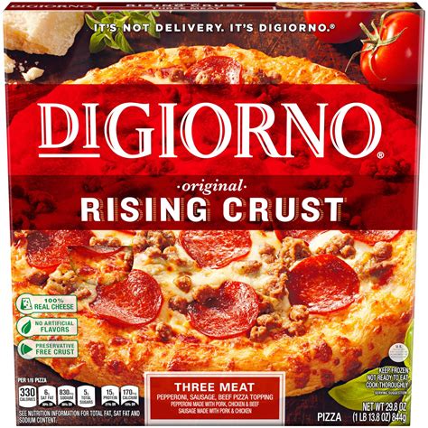 Frozen pizza crust. DiGiorno Three Meat Frozen Pizza on a Stuffed Crust is created to bake up golden brown on the outside with 2 1/2 feet of mouthwatering, melty cheese stuffed in the crust. This DiGiorno frozen stuffed crust pizza is topped with sausage, pepperoni, beef and real mozzarella cheese, delivering an easy dinner that's also delicious. ... 