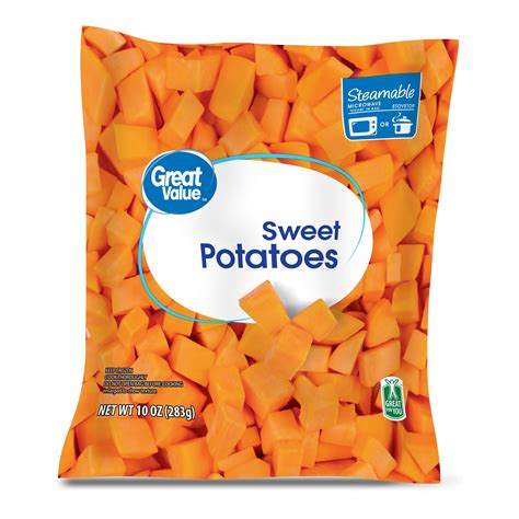 Frozen sweet potatoes. That makes these sweet potatoes a blank canvass for your wildest sweet potato-based cooking projects. We think these would definitely be improved with something to sweeten them up a little bit. According to the bag, there are six servings inside, and each serving contains 80 calories. That means the full bag has 480 calories, in case you decide ... 