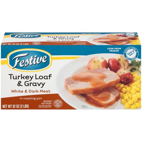 Frozen turkey loaf. Instructions. Preheat conventional oven to 350°F. Leave lid on foil pan. Place foil pan on baking sheet at least 6" from top of heating element. Oven roast until center of Turkey & Gravy registers 165°F (about 2-1/2 to 2-3/4 hours). Do not broil or microwave. 