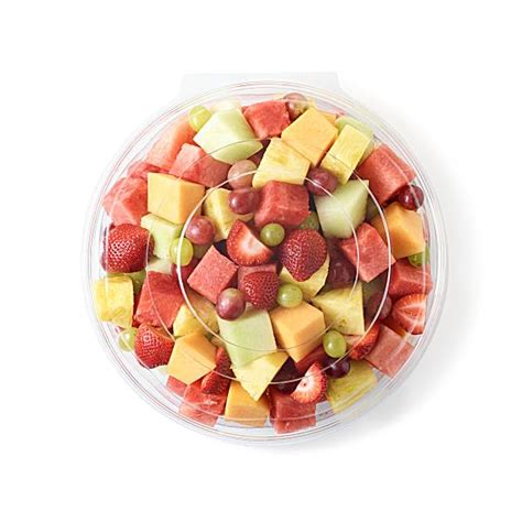 Product details. An arrangement of fresh, seasonal fruit, including grapes, strawberries, apples, pineapple, and melons. Serves 28, 60 Cal/Serving. 24 Hours Advance Notice Required.. 