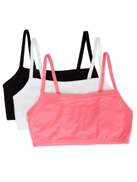  Bras. If you are looking for bras for your growing girl, Fruit of the Loom has you covered. Our training and sports bras for girls are designed to be worn every day and are perfect for growing girls. Our variety of seamless, spaghetti strap, cotton and wire-free girls' bras are ideal for all body shapes and sizes. 