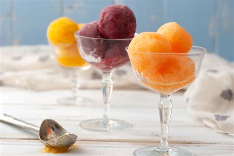 Fruit sorbet. For the recipe below, I made a version of sorbet with various berries, such as blackberries, raspberries and blueberries; stone fruit, such as apricots and plums; and melons … 