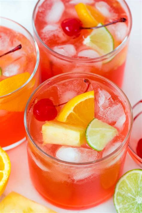 Fruity alcoholic beverages. Popular Garnish for fruity alcoholic drinks: orange slices, mint leaves, lime wedges, lemon slice, or lemon wheel. Fruity Drink mixers: orange juice, pineapple juice, lemon juice, club soda ... 