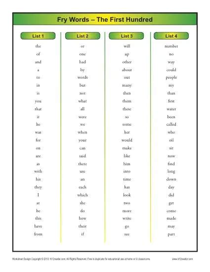 Fry Word Lists Printable