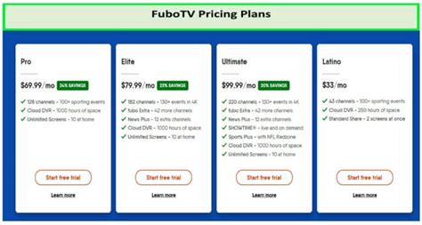 Fubo cost per month. fubo offers four plans with different channels, features and prices. The first month is $20 off, then $59.99 to $99.99 per month. Watch on up to 10 screens with Cloud DVR and 4K included. 