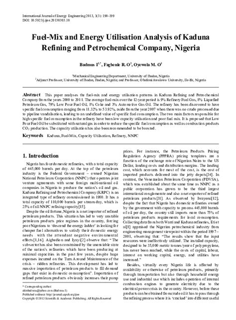 Fuel-Mix and Energy Utilisation Analysis of Kaduna Refining and ...