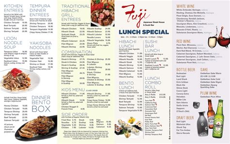 Fuji japanese steakhouse dalton menu. Fuji's modern, laid back atmosphere with both indoor and patio seating will make the restaurant an ideal choice for everything from a business lunch to a family dinner, or a fun night out with friends. The restaurant offers weekly specials and a daily happy hour. This is the fourth location in the Lowcountry for the Mt. Pleasant based restaurant. 