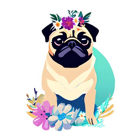 Full Fawn Pug Sitting Wearing Mixed Flowers Crown