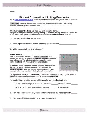 Full Version Student Exploration Limiting Reactants Answer Key Gizmo Pdf