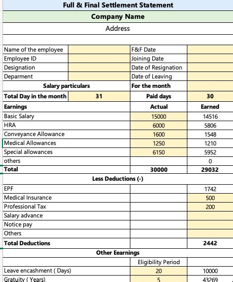 Full and Final Settlement Format in Excel Full & Final settlement