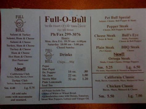 Full menu. Location & Hours. Suggest an edit. 1610 Herndon Ave. Ste 105. Clovis, CA 93611. ... Full O Bull Sandwich Shop. 224 $ Inexpensive Sandwiches. Subbies Subs ...
