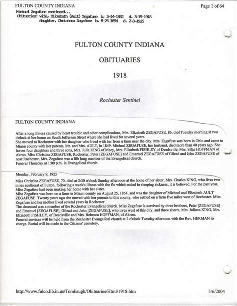 Fulton county indiana obituaries. .  ...