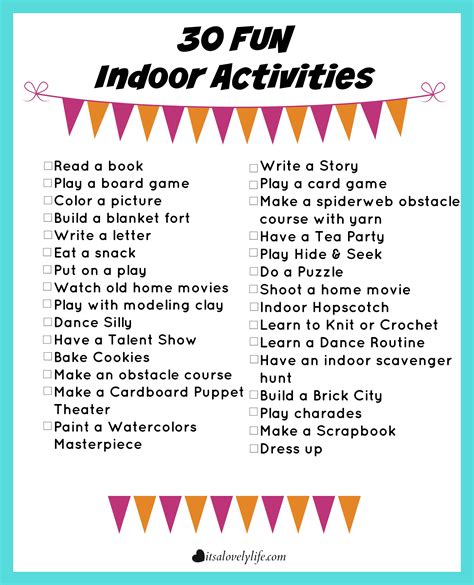 Fun things to do indoors. Coloring Pages provide hours of play. Kids of all ages love to make an indoor obstacle course out of cardboard boxes and other items. Have a dance party or read a good book together. Make a time capsule. These are the best family board games and perfect activities for free play time. 