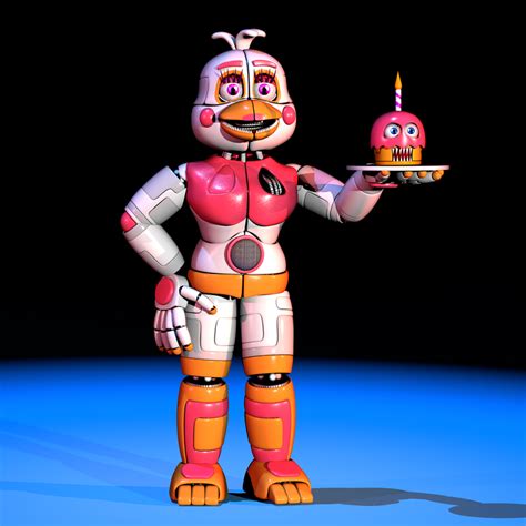 Fun time chica. The theory is :Scott wanted to show Funtime Chica wasnt the springsuit in Sister Location, but another unknow character. Makes sense, good thinking. And the Cupcake, because of killing kids probably. The Funtimes were designed to kidnap kids, not be assassinate them out in the open. It's stupid yeah, but it does make sense to just kidnap them ... 