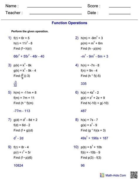 Function Operations Worksheet Answers