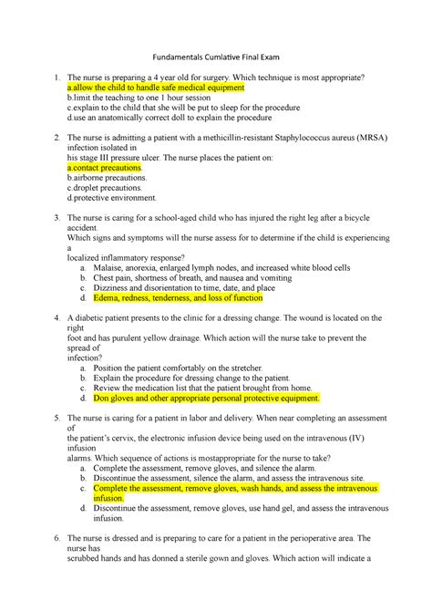 Fundamentals of nursing final exam quizlet. Nursing Fundamentals - Final Exam Study Guide. Basic Nursing: Thinking, Doing, and Caring, 2nd Edition. Rowan College of South Jersey. Nursing I (NUR 131) Students shared 54 documents in this course. Alexandria Carter. Georlennys. These are some really good notes 🔥. dope notes. 