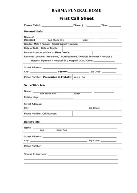 Funeral First Call Sheet