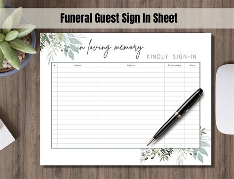 Funeral Sign in Sheet Printable Bundle Funeral Guest Check in Etsy