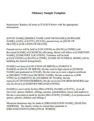 Funeral announcement sample.  Learn how to write or use a obituary examples, with tips, ex...