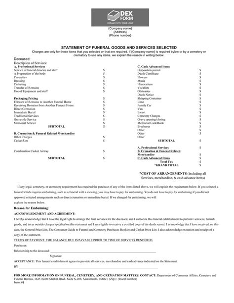 Funeral billing statement template in Word and Pdf formats