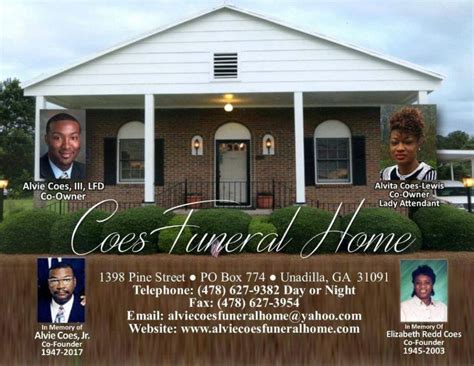 Coes Funeral Home is located at 1398 Pine St in Unadilla, Georgia 31091. Coes Funeral Home can be contacted via phone at (478) 627-9382 for pricing, hours and directions.. 