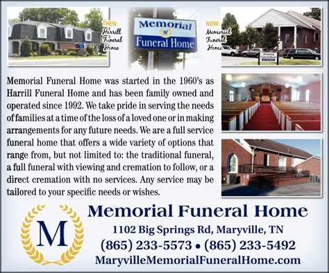 Feb 5, 2022 ... Woodbine Funeral Home, Inc. Woodbine, Hickory Chapel & Waller Chapel ... “Bob”, age 72 of Maryville, TN passed away on Wednesday, January 19 .... Funeral home maryville tn