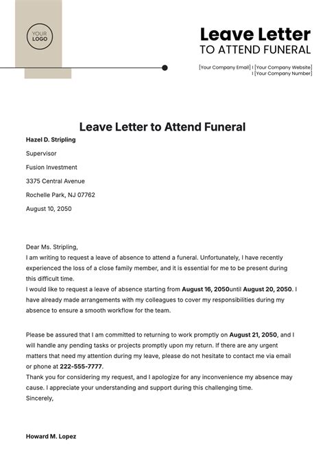 Funeral leave application letter.  This user-friendly and customizable template helps you...