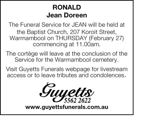 Funeral notices warrnambool standard.  The Funeral Service for JEAN will ...
