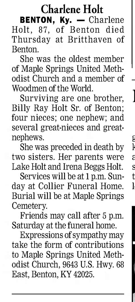 Funeral obituary charlene holt cause of death. She was 67 years old. The cause of death was not specified, but it was stated that she had cancer. This information was sourced from an obituary published by The Tennessean, a local newspaper. The obituary also mentioned that she was survived by her brother, sister-in-law, niece, and nephew. 