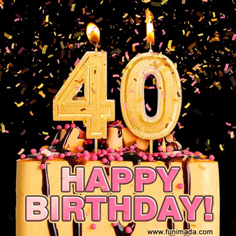 Funny 40th birthday gif. Beautiful 40th Birthday animation. Happy 40th Birthday Card. Fantastic Gold Number 40 Balloons Happy Birthday Card (Moving GIF) Hand Drawn 40th Birthday Cake Greeting Card (Animated Loop GIF) Happy 40th Birthday to my Sister, Glitter BDay Cake & Candles GIF. 40th Birthday GIF. Best Fireworks Animated Image for 40 Year Olds. 