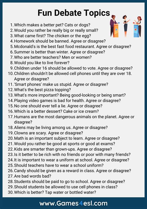 Funny debate topics. 100+ Interesting Debate Topics for High School Students. Whether joining the high school debate team or participating in topical discussions in class, debating current topics is an excellent way to develop speaking skills and build confidence. Debating helps you discover more about your views, think on your feet, and learn how to … 