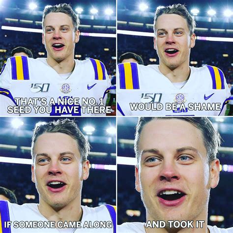 Funny joe burrow memes. There, Bengals fans noticed something strange in a picture featuring Joe Burrow and teammates getting off the plane in Baltimore — Burrow had something on his throwing hand. And a video showed Burrow in the background with that same thing on his hand. Then, the team deleted the video. It's impossible to say what the thing actually is. 