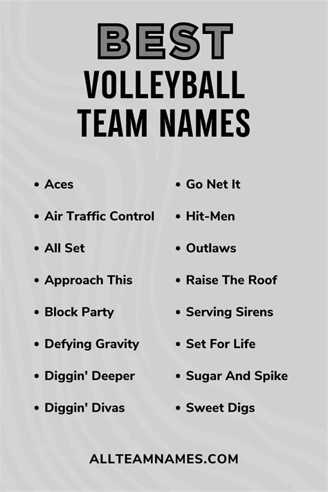 Funny names for a volleyball team. Before you join that volleyball league or volleyball tournament, you are going to need a great team name. There’s no guarantee you’ll win, but you can guarantee that you’ll have the best team name. Looking for some great team names for volleyball? We’ve got clever team names, funny team names and names specific to volleyball. Here are ... 
