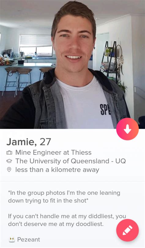 Funny tinder bio. CREDIT: tinder. 1. Sydney. This girl has won Tinder with her specific request, along with a little help from Fergie. 2 of 14. CREDIT: tinder. 2. Richard. When people say 'describe your ideal date', it doesn't usually involve car theft and vehicle fire, but hey, if it grabs attention on a dating app this guy is on to a winner. 