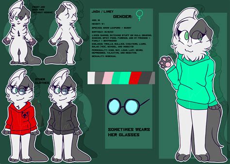 Fursona reference sheet. Reference points and details are still pointed out on the body itself, such as her fingers and tail transparency. Swatches of her color scheme are off to the side, for color selection purposes. As a result, this is an … 