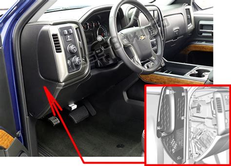 Jan 28, 2024 · 2021 Chevrolet Silverado Under Dash Fuse Box and Relay Location. There are two fuse block on either side of the Dashboard and the access door is on the driver’s side edge of the instrument panel and Passenger’s side located in the same area. Pull off the covers on either side to access the fuse block. Push the tab at the top of fuse block down. . 