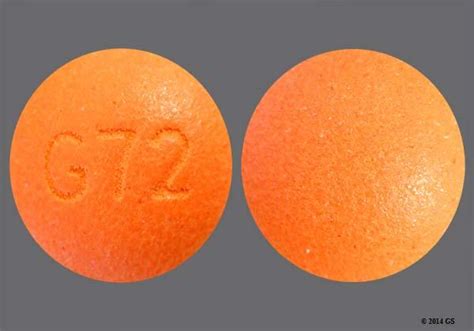 G72 orange pill. Enter the imprint code that appears on the pill. Example: L484 Select the the pill color (optional). Select the shape (optional). Alternatively, search by drug name or NDC code using the fields above.; Tip: Search for the imprint first, then refine by color and/or shape if you have too many results. 